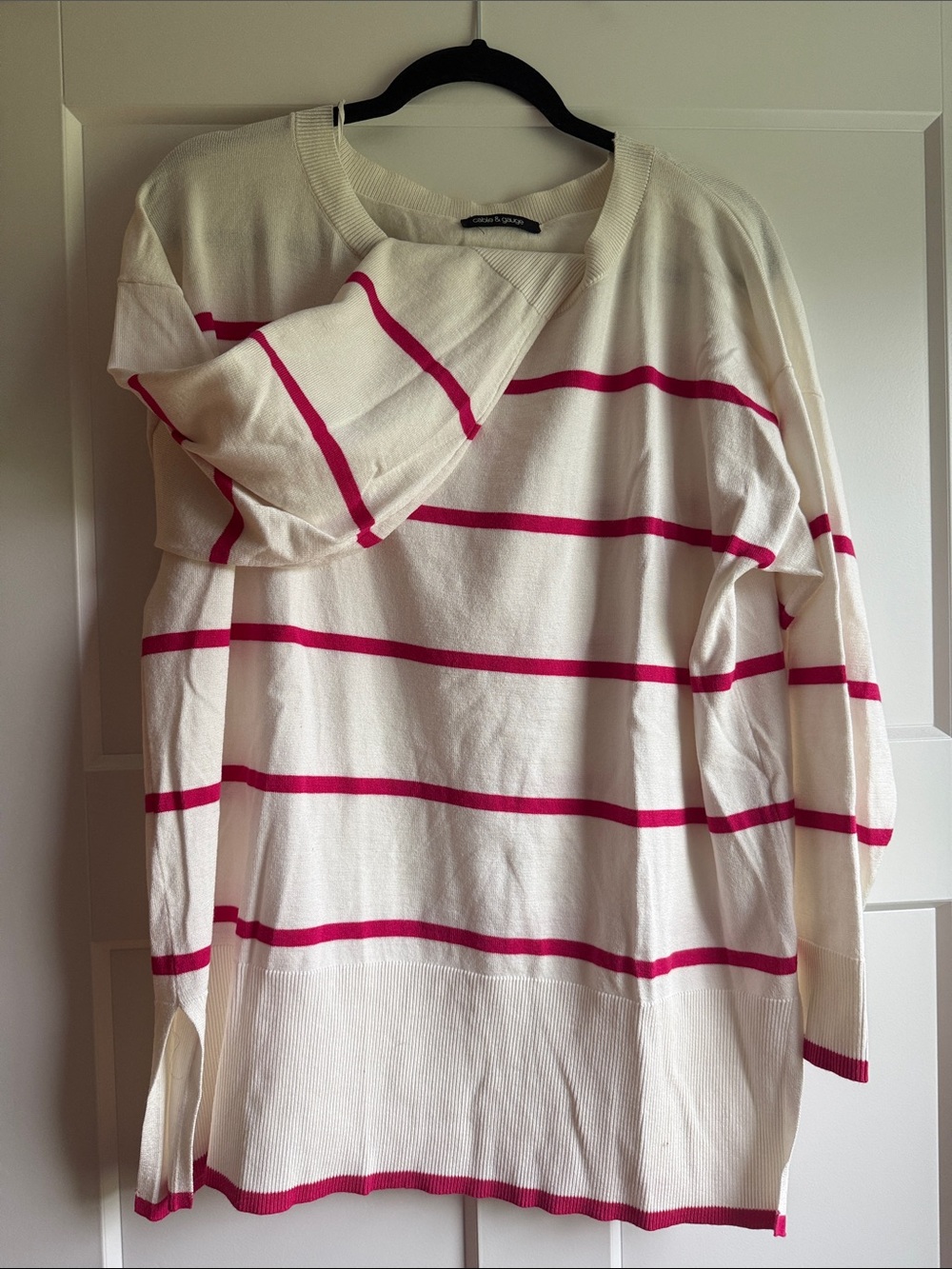 Cable & Gauge Cream Crewneck Sweater with Pink Stripes